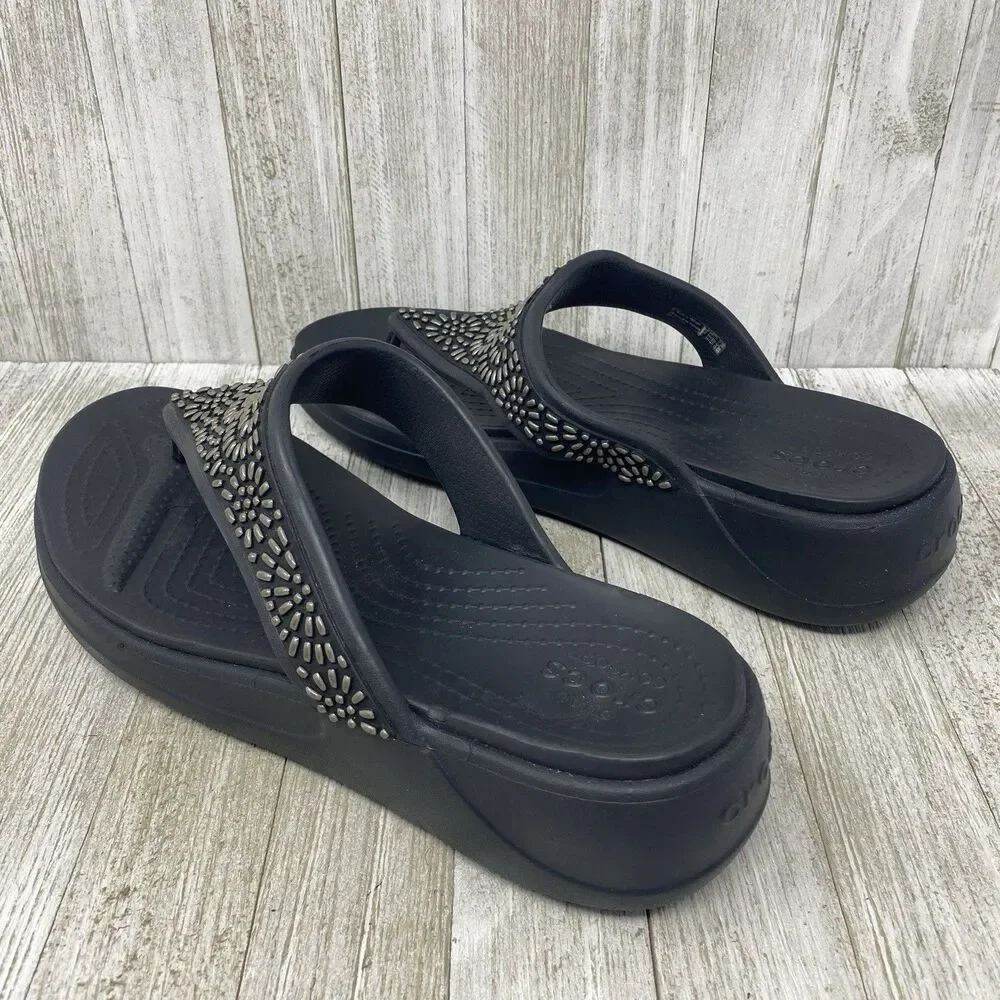 Crocs Sandals Womens 10  Flip Flops Wedge Dual Comfort Monterey Diamante Black - Picture 3 of 11